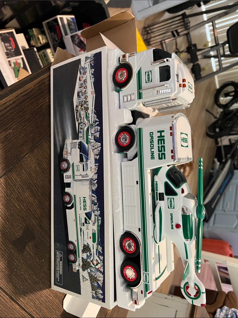 Hess Green & White Gasoline Truck and Helicopter Kids Toy